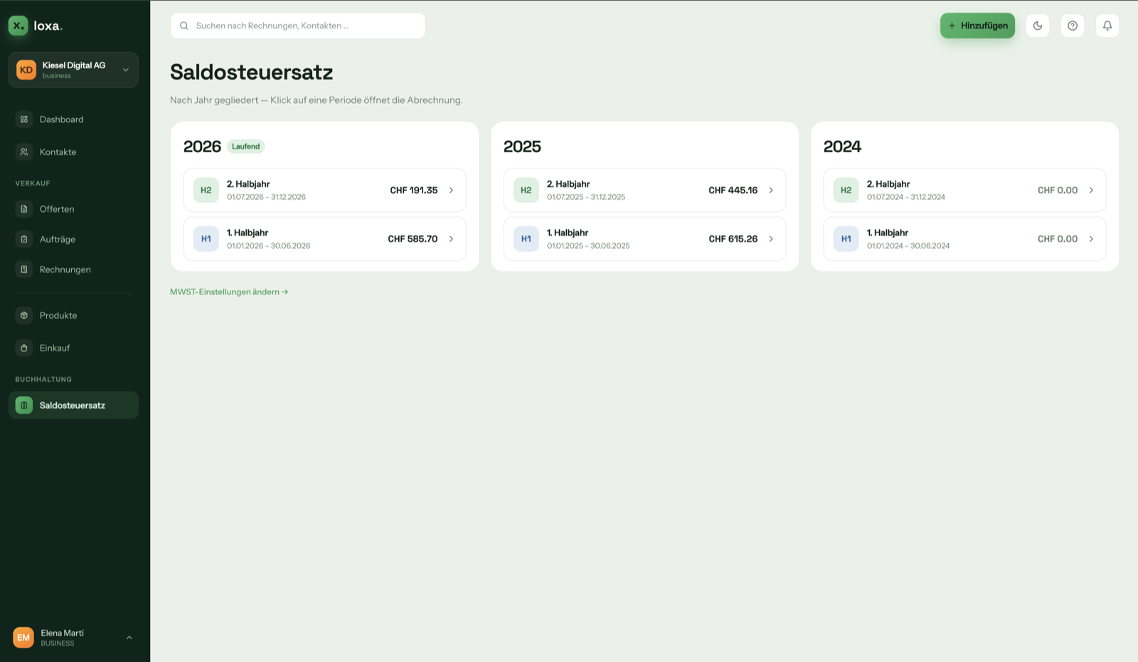 MWST-Abrechnung mit Saldosteuersatz und PDF-Export fürs ESTV-Portal